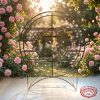 Gold concentric circle display rack at outdoor garden wedding pink rose wall bokeh golden hour