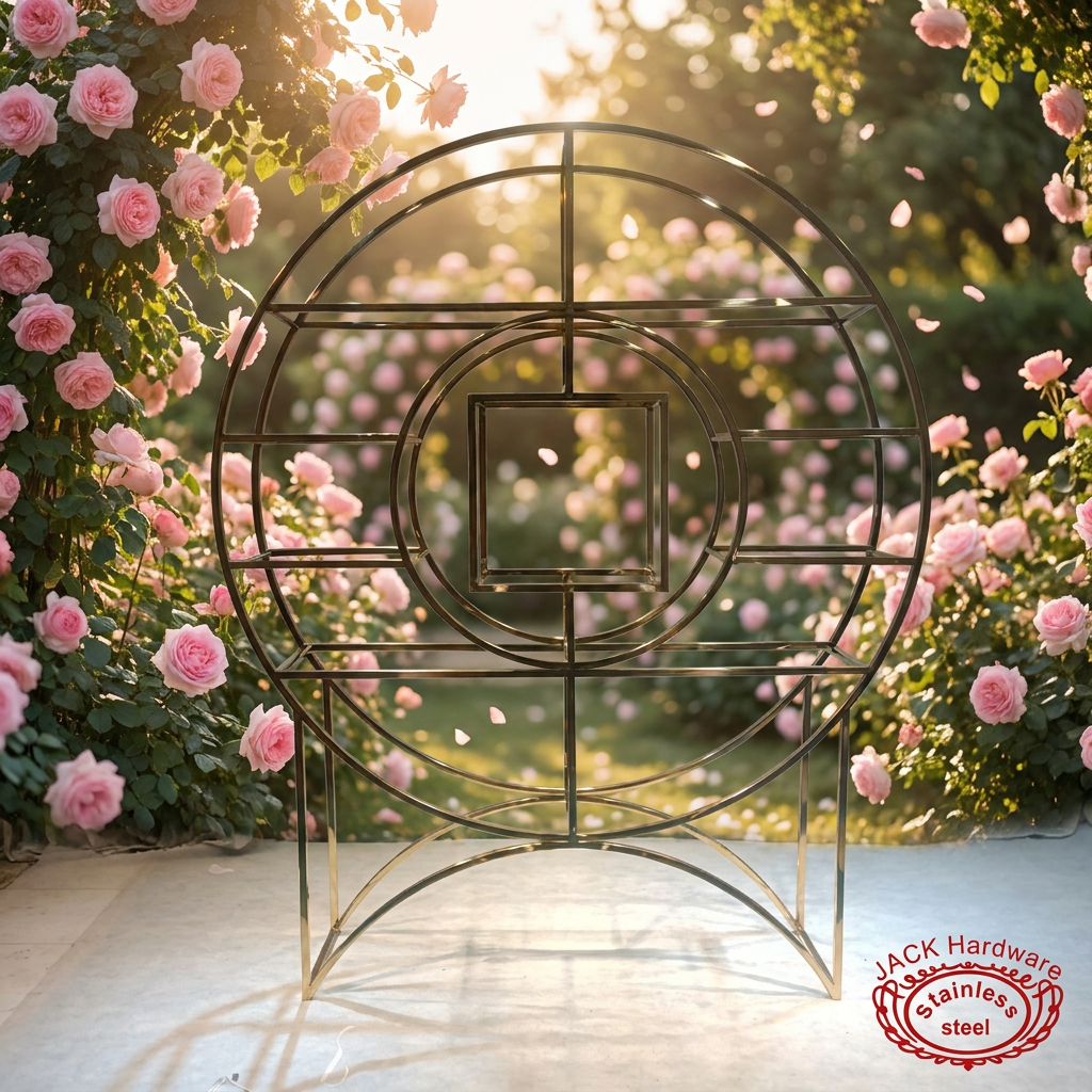 Gold concentric circle display rack at outdoor garden wedding pink rose wall bokeh golden hour