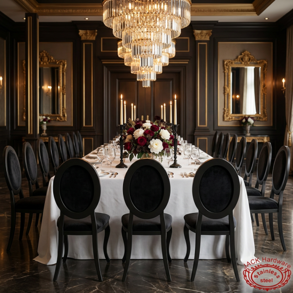 All-black oval velvet chairs at upscale hotel restaurant dark wedding dinner table chandeliers