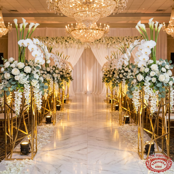 Gold geometric mesh columns as wedding aisle markers with dramatic floral arrangements chandeliers