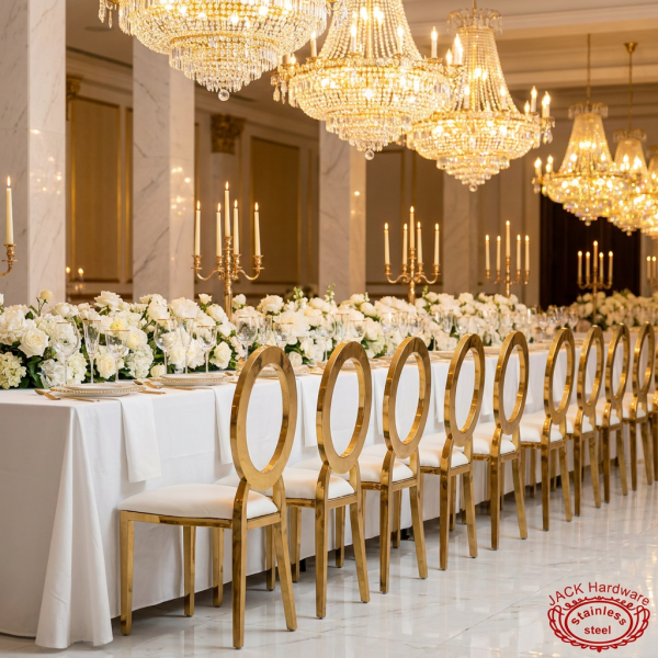 Gold O-ring circular chairs at elegant wedding banquet hall dinner table chandeliers