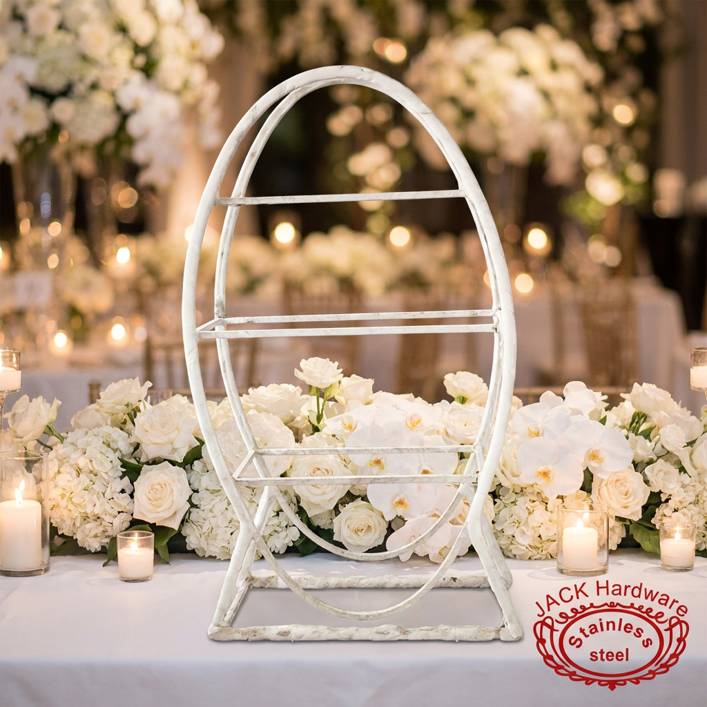 White oval display stand at romantic all-white wedding reception flowers candles