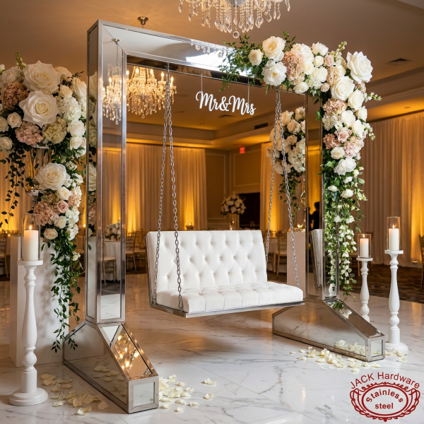 Silver square frame swing as wedding photo spot Mr Mrs sign florals 45 degree mirror reflections