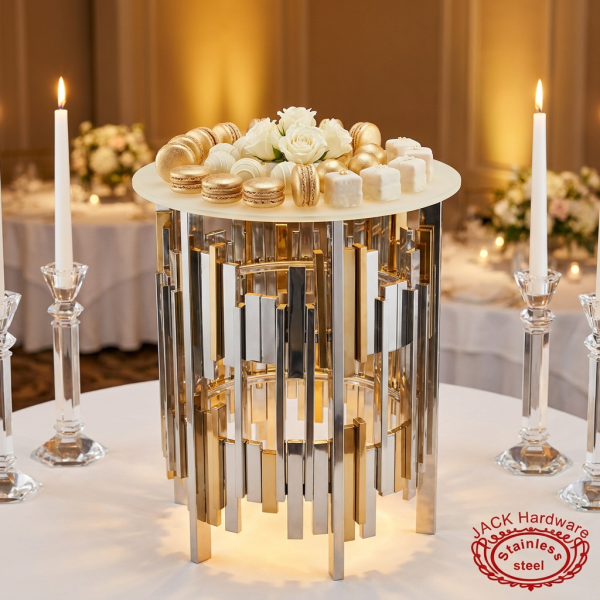 Silver gold alternating tube cylinder stand at hotel wedding event 45 degree warm spotlights