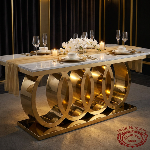 Gold Olympic rings chain base table at hotel VIP dining each ring glowing warm spotlights 45 degree