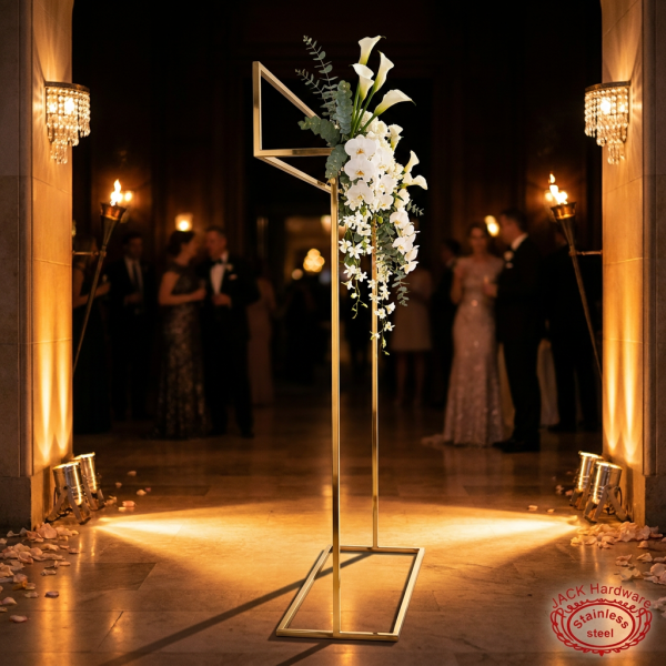 Gold rectangular floral hanger frame side view wedding entrance warm ambient uplighting