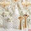 White lattice cylinder and gold hourglass stands at wedding dessert display station cake chandeliers