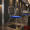Silver open frame cutout chair hotel bar 45 degree royal blue velvet warm contemporary