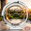 Silver concentric ring arch at outdoor garden wedding golden hour hedge skyline marble terrace