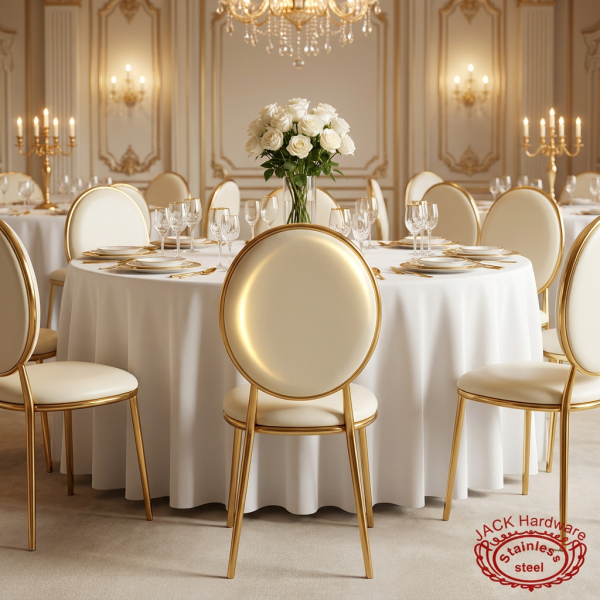 Gold round drum dining chair hotel wedding banquet 45 degree round drum form gold legs visible