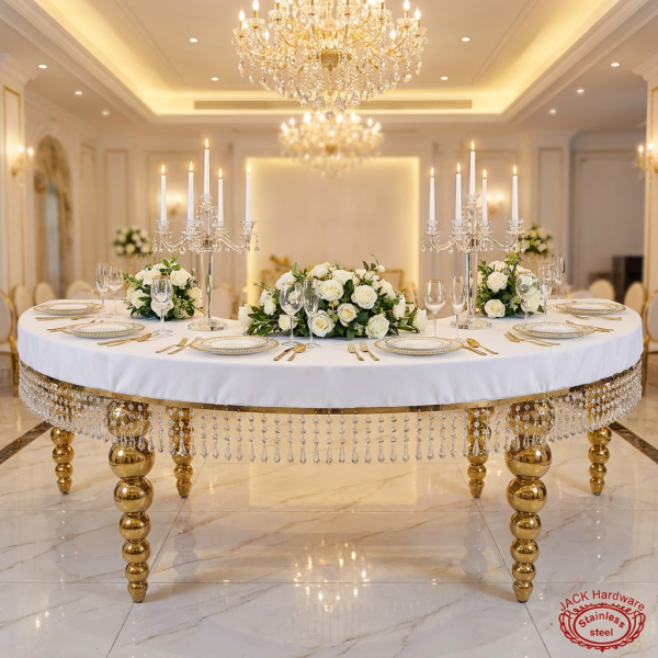 Gold crescent crystal pendant table at luxury hotel wedding banquet hall candelabras chandeliers