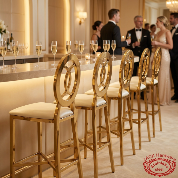 Gold O-ring stools lined at upscale hotel champagne bar counter guests bokeh