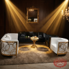 Black white sofa set hotel VIP lounge 45 degree ring cutout gold panel contrast visible
