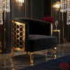 Black barrel chair gold honeycomb back panel hotel suite 45 degree warm spotlight honeycomb glow