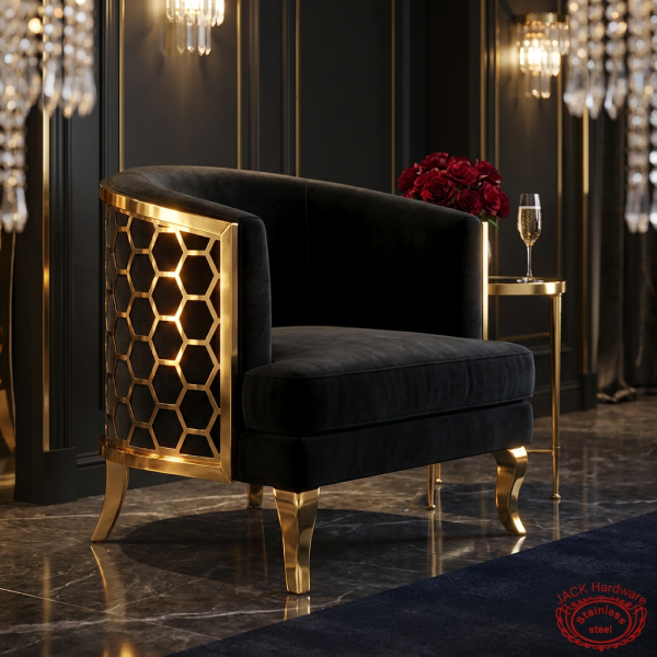 Black barrel chair gold honeycomb back panel hotel suite 45 degree warm spotlight honeycomb glow