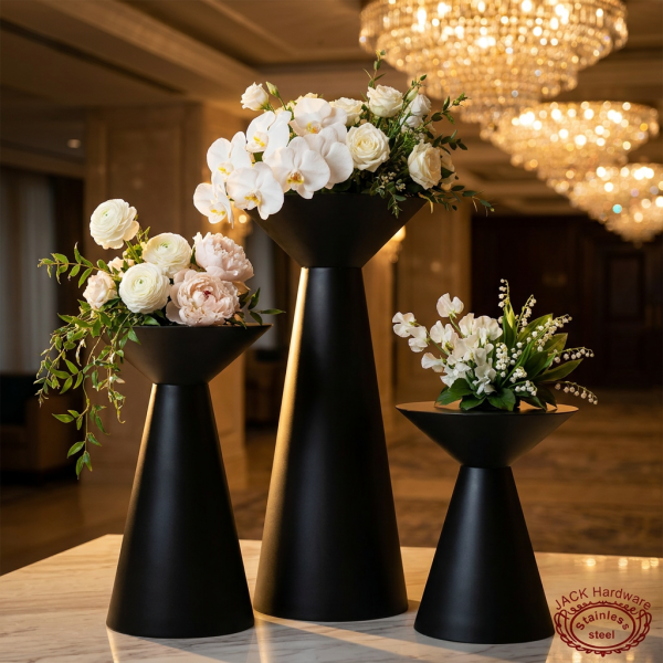 Black hourglass double-cone stands hotel wedding 45 degree chiaroscuro contrast waist detail