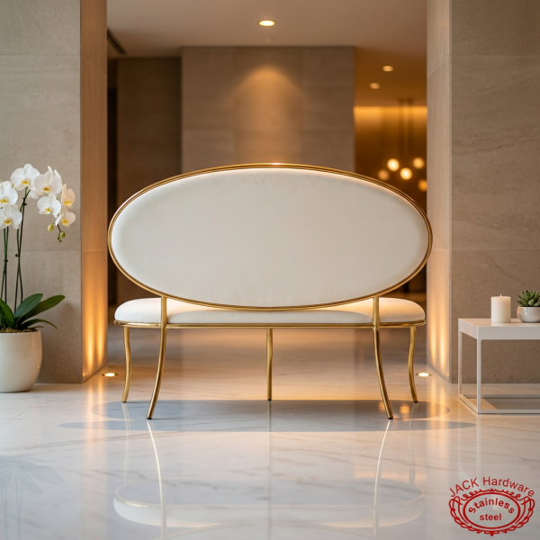 White oval back bench sofa side view modern luxury hotel warm light clean oval silhouette