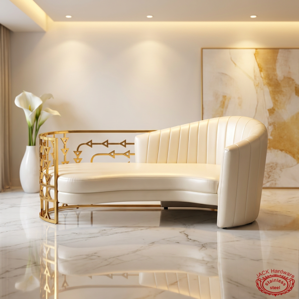 Pearl white chaise lounge side view modern luxury interior smooth arc gold arrow frame warm