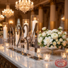 Silver number standees as ballroom venue decor with candles and florals side view