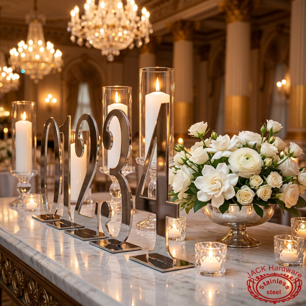 Silver number standees as ballroom venue decor with candles and florals side view