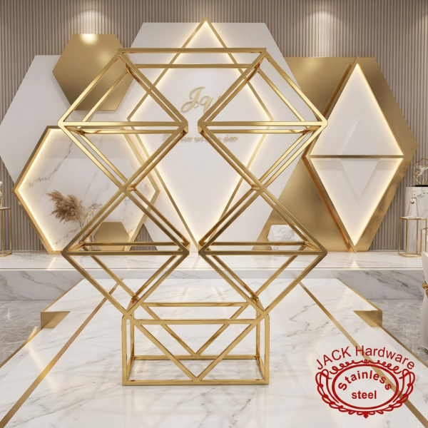 Diamond geometric display rack at creative modern wedding venue geometric decor