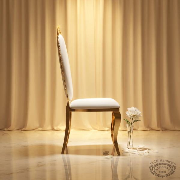 Gold floral crown high-back chair side view luxury event S-curve cabriole tall oval warm light