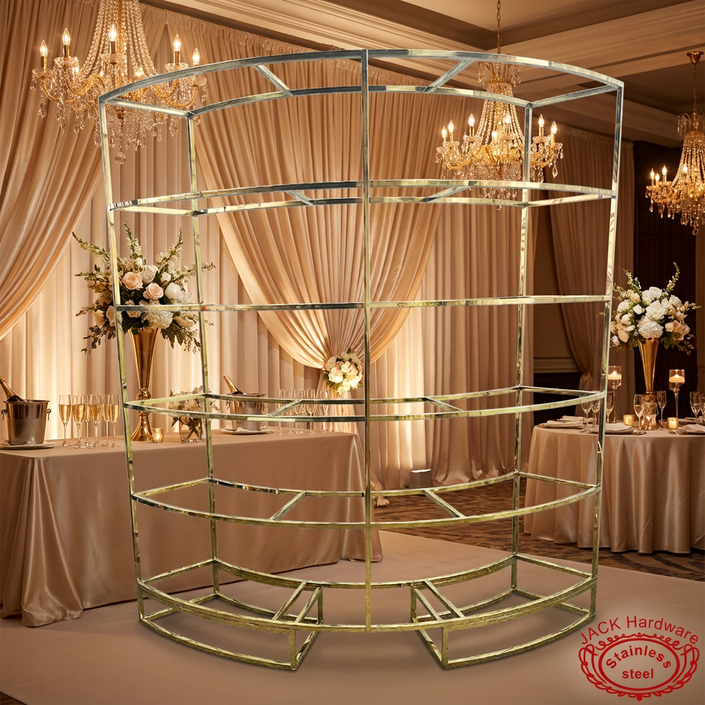 Gold semi-circular wine rack at hotel ballroom champagne themed wedding decor