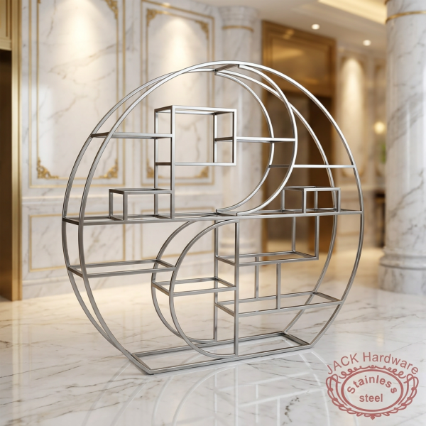 Silver circle frame display rack at elegant hotel lobby marble gold architectural accents