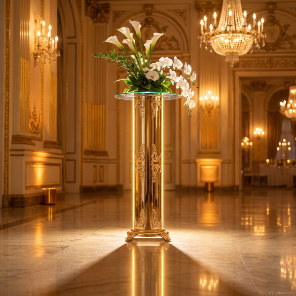 Gold round flower pedestal side view grand ballroom warm uplighting full reflection marble