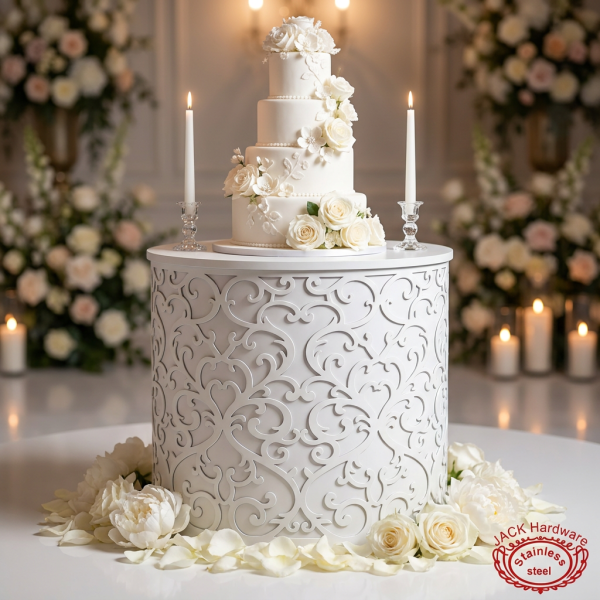 White baroque cylinder cake table with tiered wedding cake roses candles candlelight bokeh