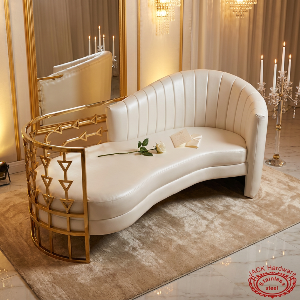White asymmetric chaise lounge hotel suite wedding lounge 45 degree gold arrow frame warm light