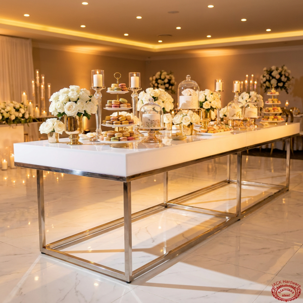 Silver rectangular dessert table side view wedding reception florals candles marble floor shadow