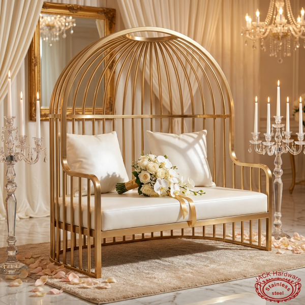 Gold arch birdcage loveseat hotel bridal suite 45 degree dome arch bars side rails warm light