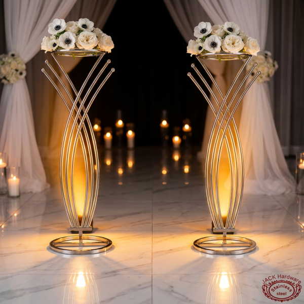 Silver spindle aisle flower stand side view tall elegant uplighting warm golden marble