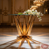 Gold inverted crown V-blade silhouette side view ballroom uplighting dramatic shadow marble