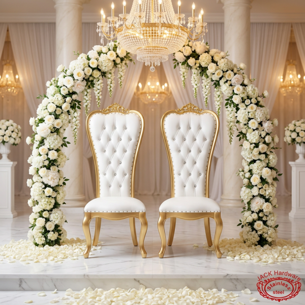 White gold crown throne chairs as wedding sweetheart pair white florals crystal chandeliers marble