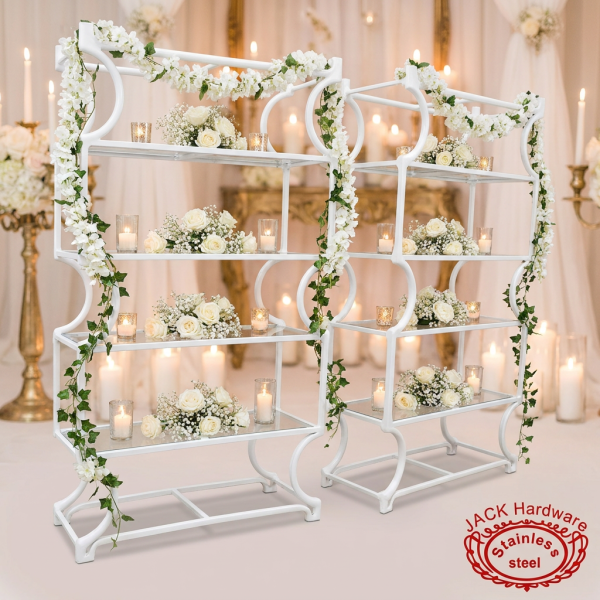White S-curve vase pillar rack at romantic European wedding roses candles candlelight