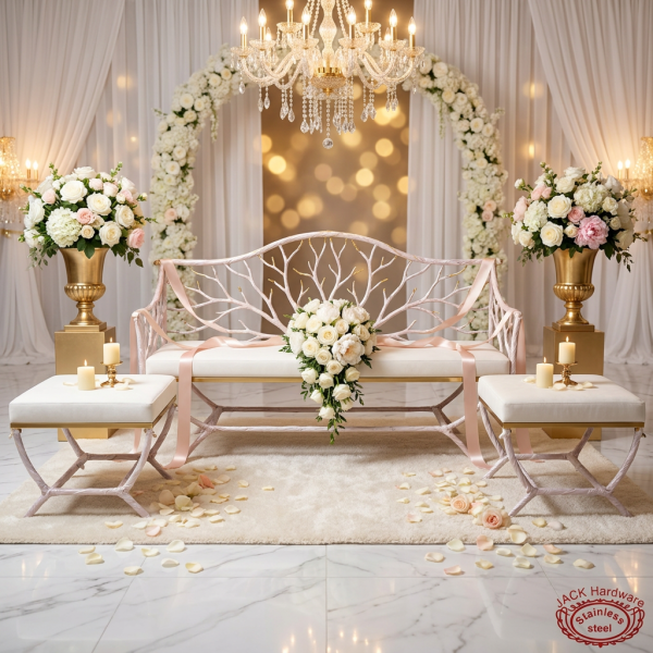 White twig branch bench ottomans at romantic wedding bridal waiting area white florals chandeliers