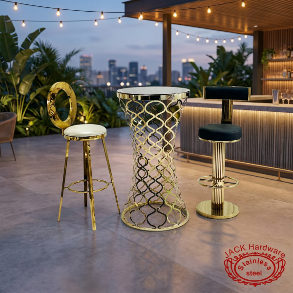Gold Moroccan lattice bar set at modern boutique hotel terrace bar evening greenery city skyline