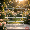 Circular 4-tier glass wine rack at luxury outdoor wedding garden golden hour light