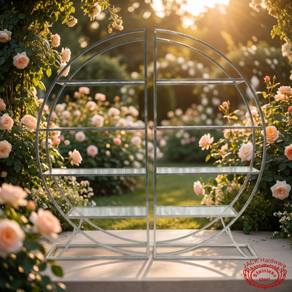 Circular 4-tier glass wine rack at luxury outdoor wedding garden golden hour light