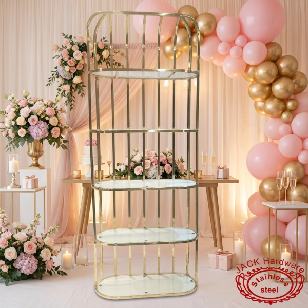 Champagne gold capsule display shelf at bridal shower engagement party pink gold balloons