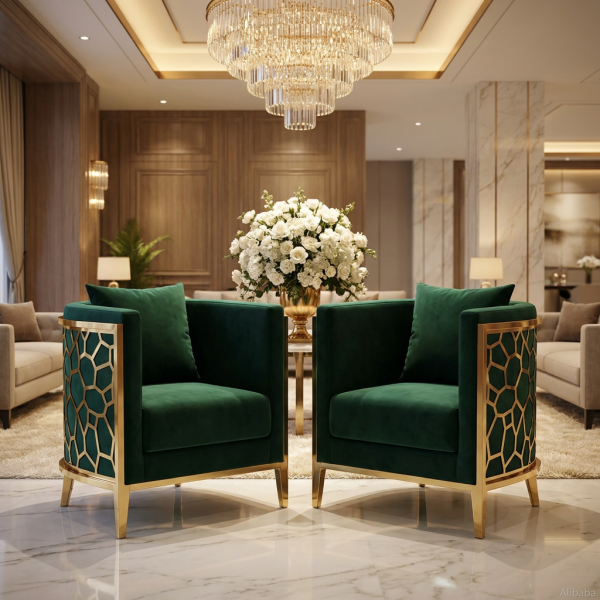 Dark green velvet honeycomb chairs at luxury hotel lobby wedding VIP lounge chandeliers marble