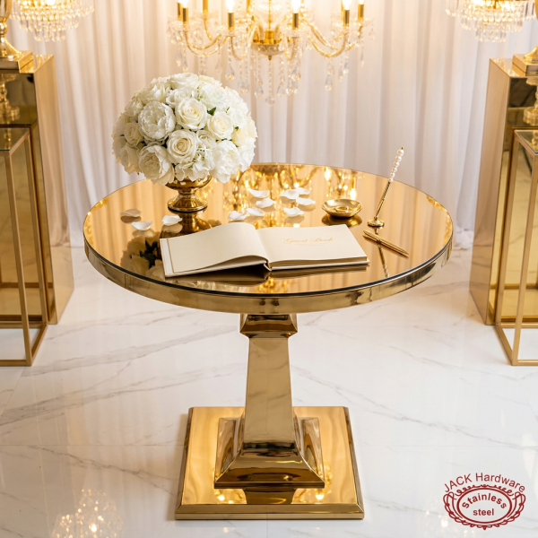 Gold round table at wedding signing station florals guest book chandeliers square column pedestal