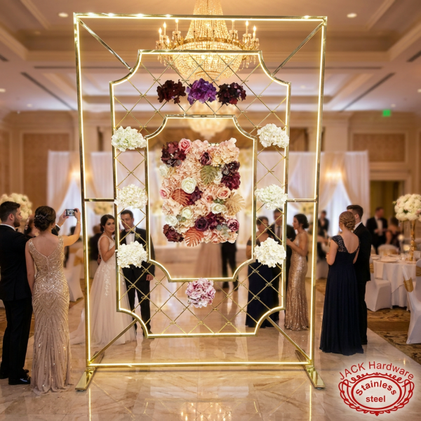 Gold floral lattice wall at hotel ballroom wedding photo wall guests posing marble floors