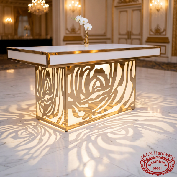White gold rose carved table side view grand ballroom uplighting lace shadow rose garden marble