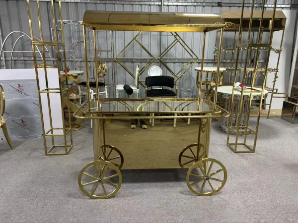 Gold wedding candy cart side view - mirror finish stainless steel dessert display trolley