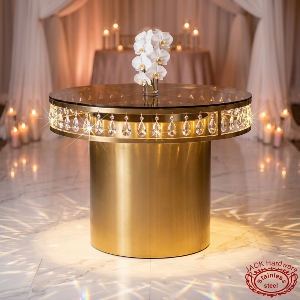 Gold cylindrical cake table side view wedding venue crystal sparkle prismatic rainbow uplighting orchid