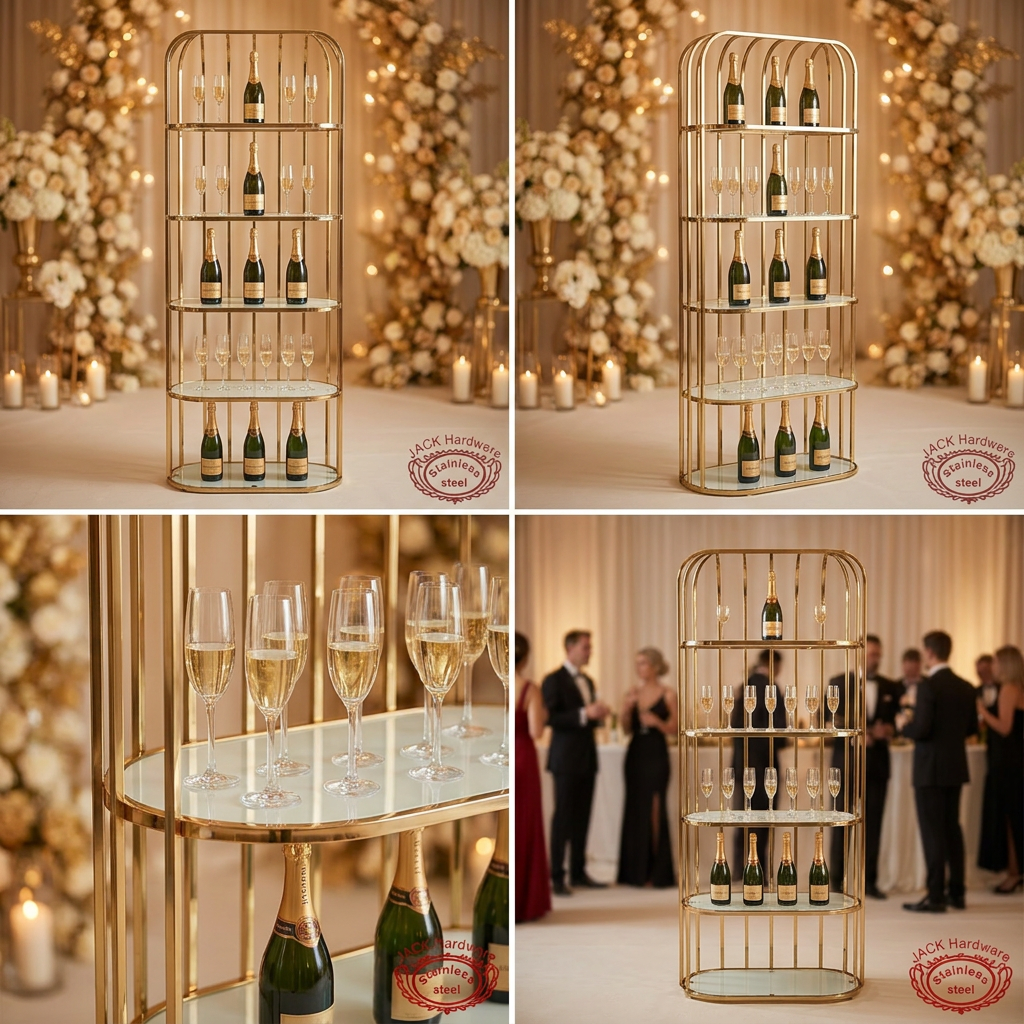 Gold capsule wine rack at luxury wedding champagne bar ivory gold decor