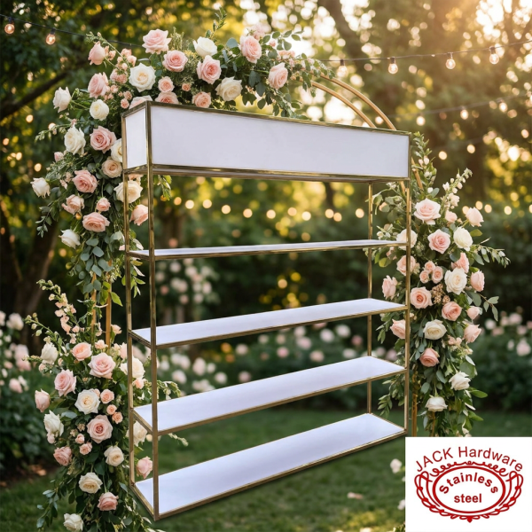 Gold frame white shelf at romantic garden wedding rose garlands golden bokeh